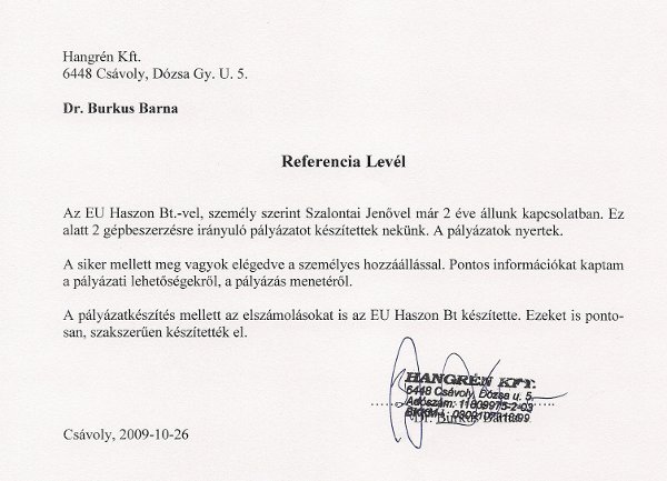 Ajánlólevél – Hangrén Kft.