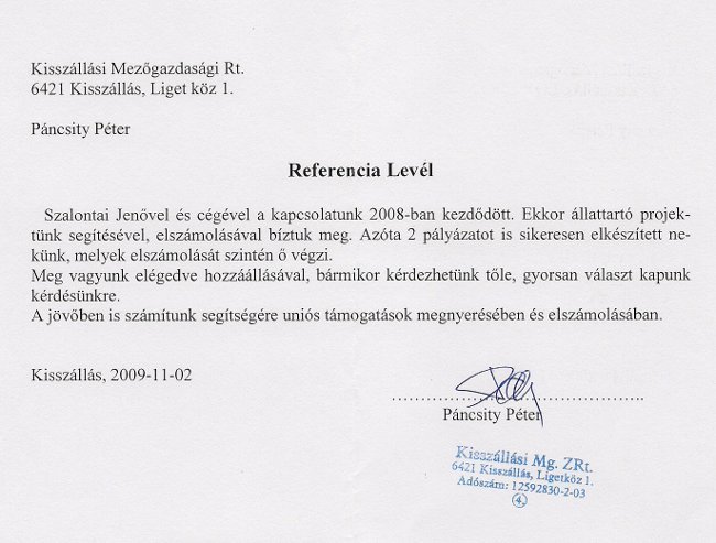 Ajánlólevél – Kisszállási Mezőgazdasági Rt.