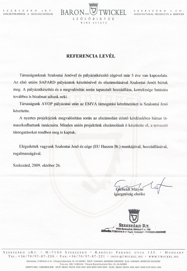 Ajánlólevél – Szekszárd Zrt.